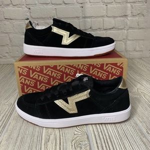 Vans Soland Suede Sneakers Women’s 6 Black Gold Metallic Logo New